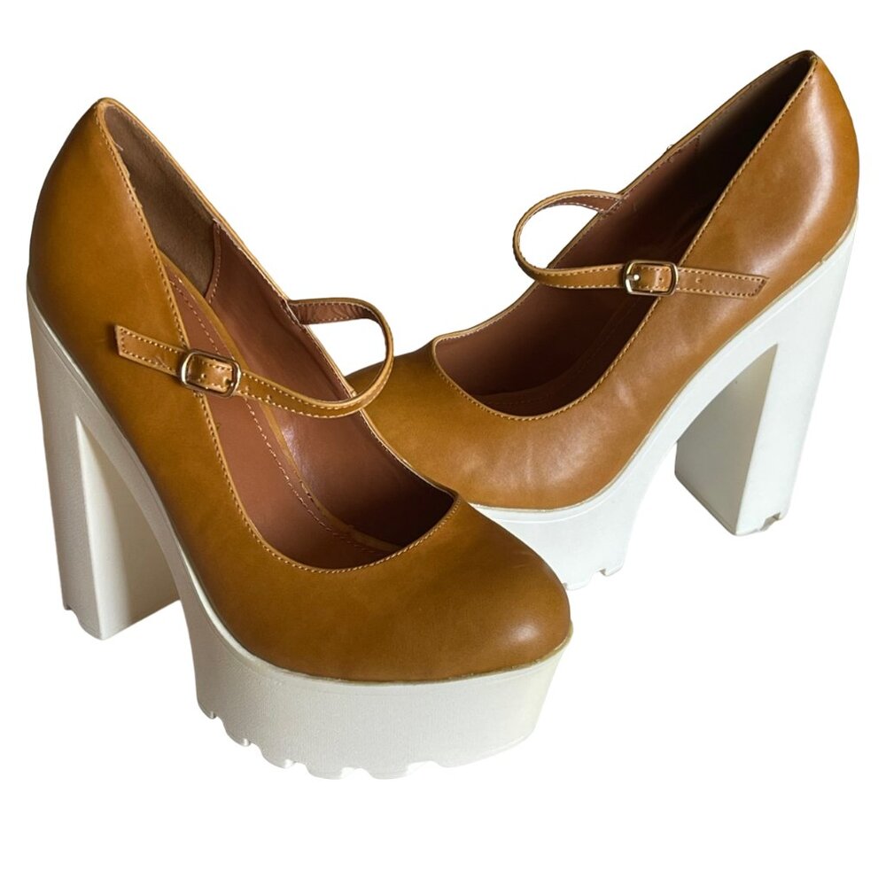 Shoe Republic Two-Tone Tan & White Lug Sole Chunky Platform Mary Janes Shoes - Picture 2 of 8
